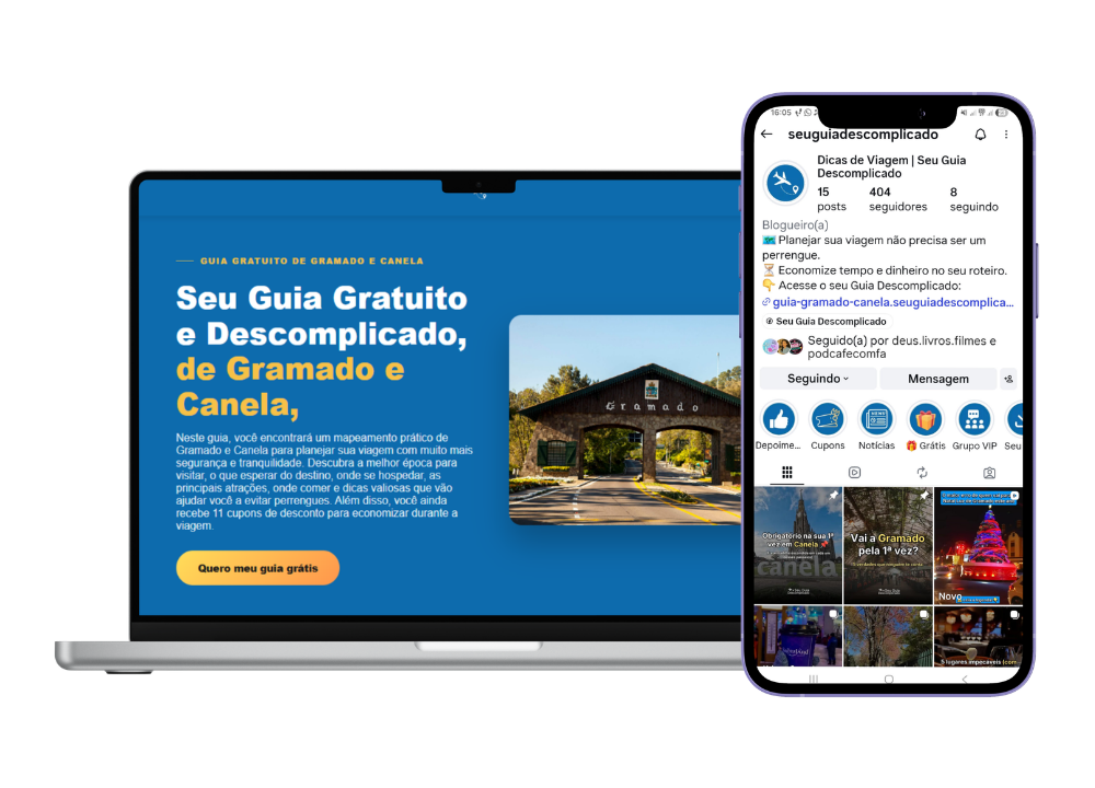 Mockup de laptop e celular com o site e Instagram do Seu Guia Descomplicado